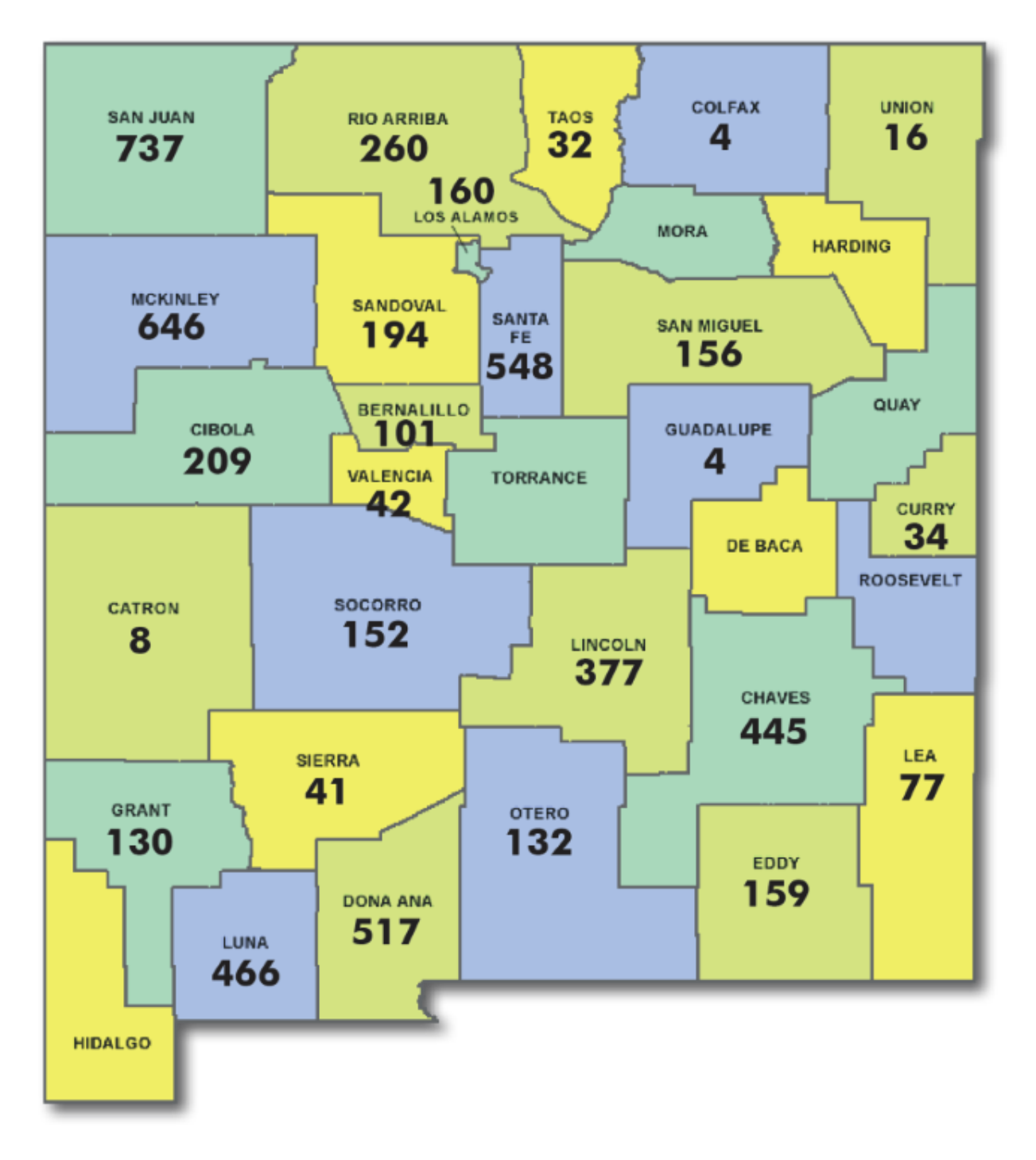 Map of NM counties and number of nights for each